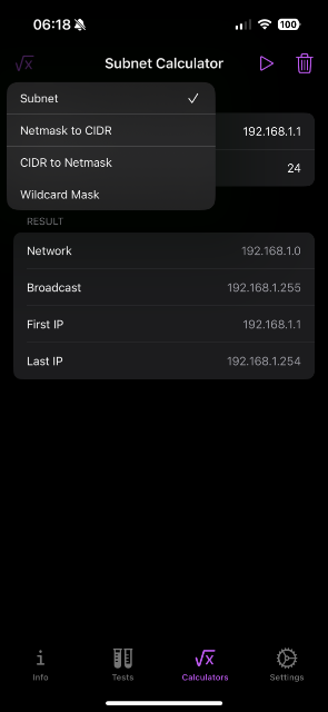 screenshot of the network calculator section of the app