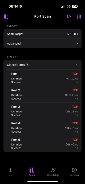 screenshot of the port scan section of the app